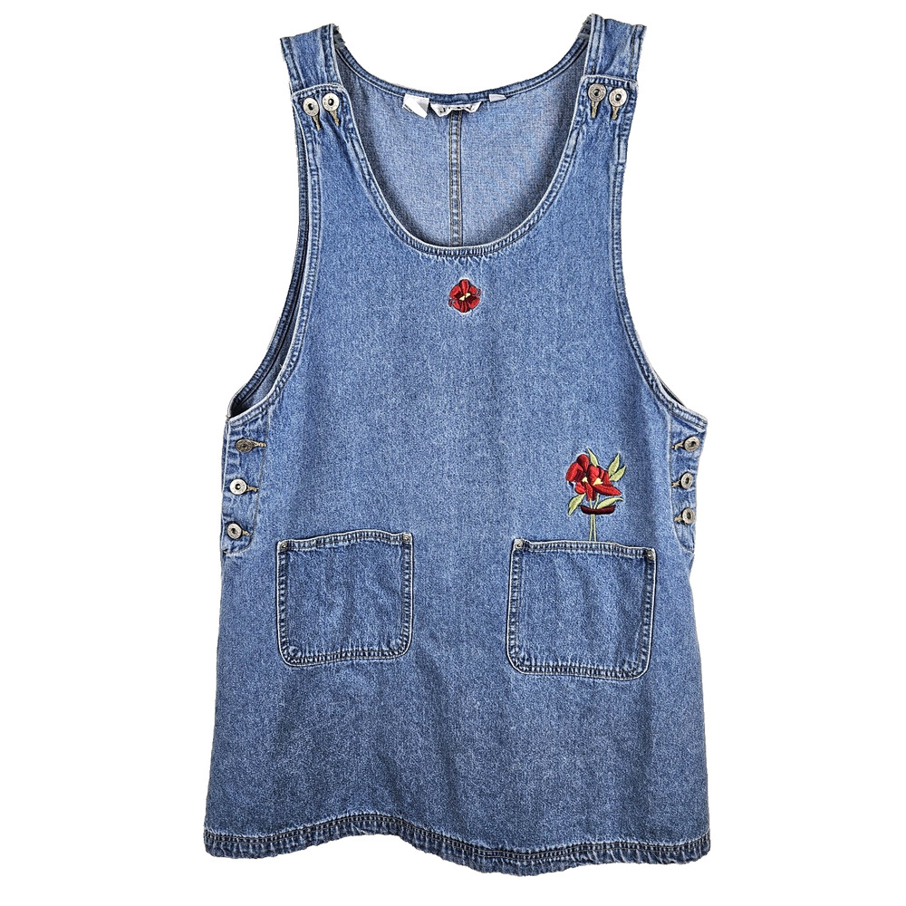 JLNY Denim Jumper Overall Dress Floral Embroidered Pocket Womens XL